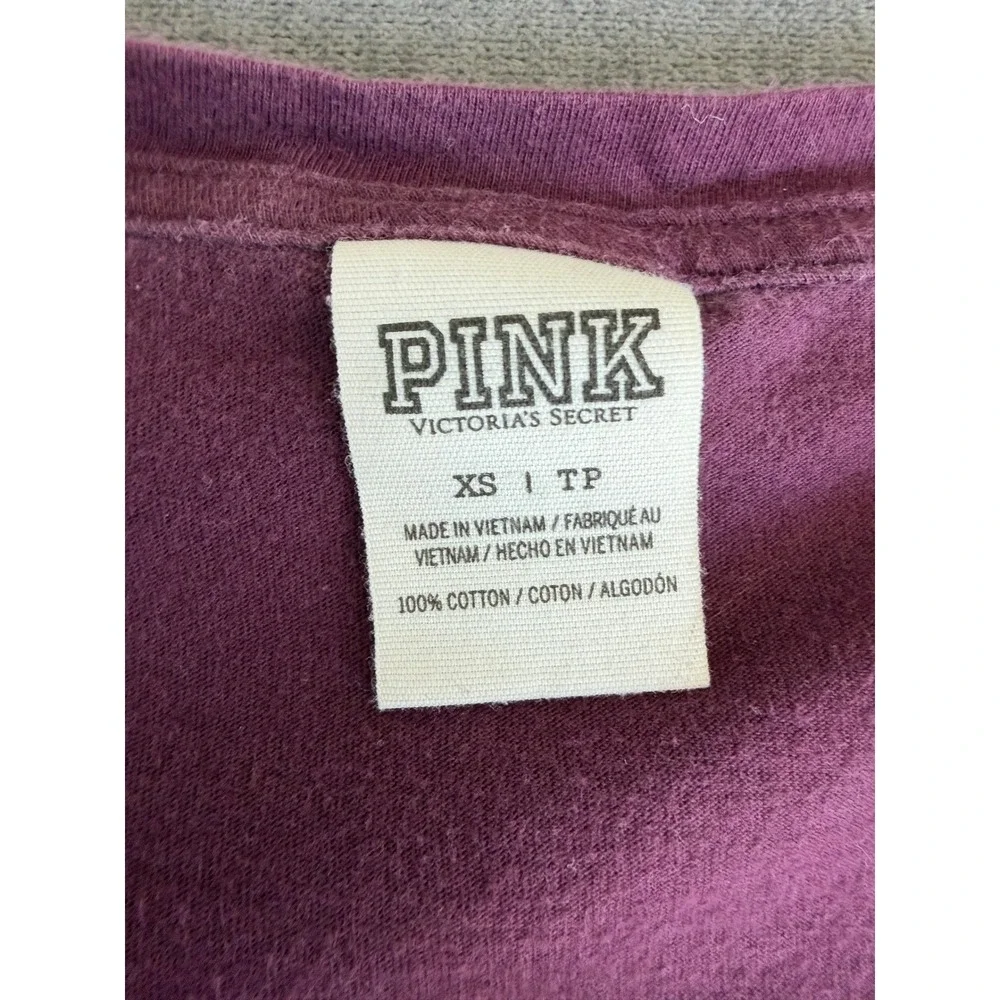 PINK Sequin Logo V Neck Tee Womens XS Burgundy Y2K Athleisure Lounge Sporty - Picture 5 of 8
